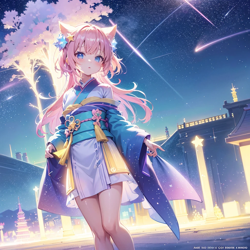  anime girls in kimonos 、There are stars and shooting stars ,  fantasy star fairies ,  pixiv contest winning work,  human structure star fairy concept art,  popular on art stations and Pixiv ,  anime girl auto  ,  beautiful anime art , everyone,  in the auroras in the night sky ,   clean and detailed anime art  ,  Anime Fantasy Illustrations ,  Beautiful Artwork Illustrations ,  Official Art 、 neon color、 neon colorの縁取り、