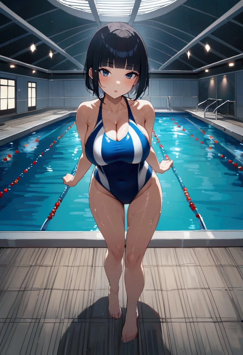 1 girl, solo, long hair, looking at the audience, breasts, medal, black hair, bare shoulders, strapping swimsuit, swimming pool, huge breasts, blue swimsuit, color stripe, five-star red flag sign, gold medal, pool, jumping platform, tight skin, shiny skin, water droplets, waving