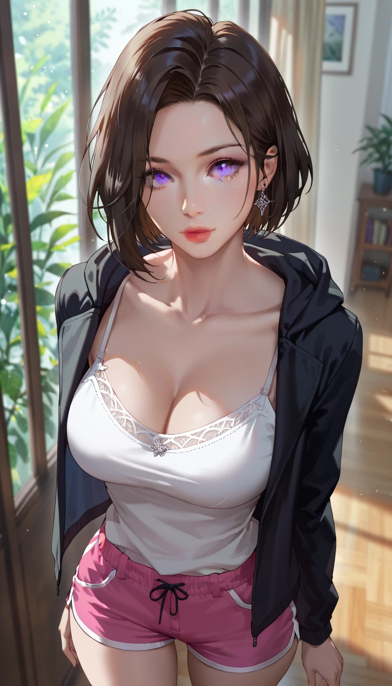 (masterpiece, best_quality:1.2), 1girl, solo, short hair, black hair, brown hair, blue eyes, purple eyes, (forehead:0.8), (hoodie jacket, black jacket, long sleeves, white camisole, pink shorts, short shorts, dophin shorts), beautiful eyes, female focus, looking at viewer, large breast, cleavage, wide hips, ((above view)) ((close up shot)) ((solo)) detailed, very high resolution, no blurry image, standing, beautiful, elegant, serene expression, intricate details, detailed background, indoors:1.3