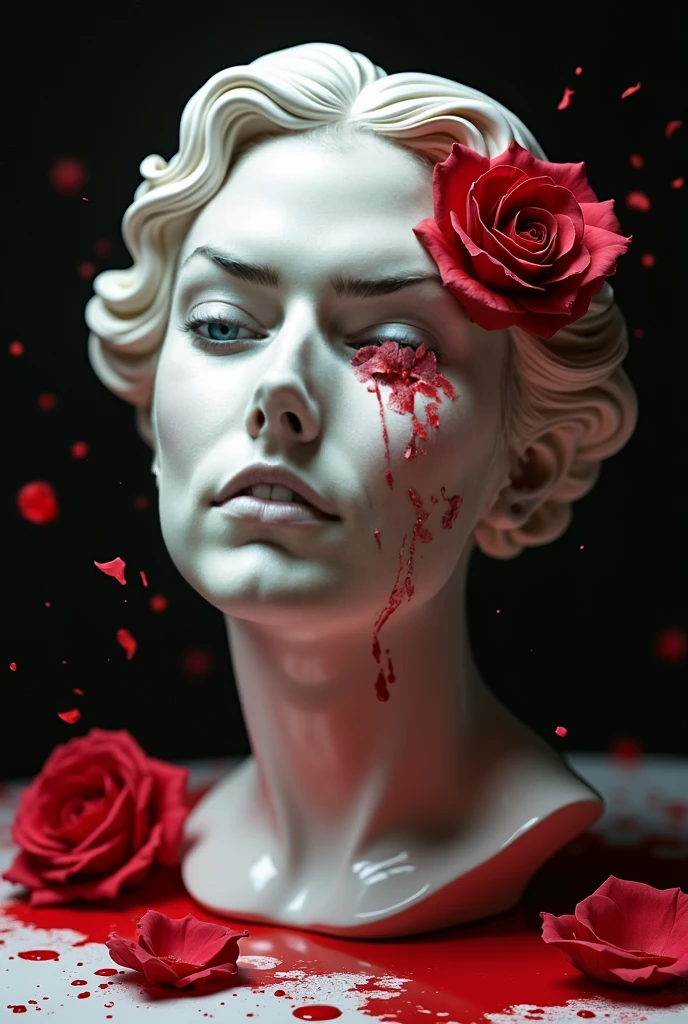 (best picture quality,4K,8k,HD,masterpiece:1.2),Super detailed,(lifelike,lifelike,lifelike:1.37)。splash ink,paint splattered (3D portrait sculpture,Pure white sculpture,marble sculpture,red tears,close eyes,Looked up),(Still life table setting,Dark background cloth,Rose petals scattered on the countertop),confusion