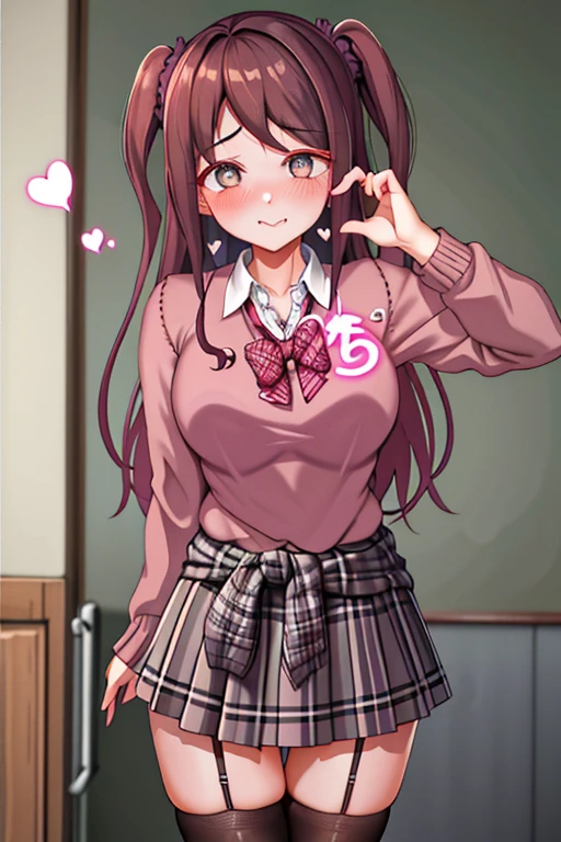 masterpiece、top-quality、Hi-Res、Civilized son、black thighhighs、pleatedskirt、plaid skirts、校服、One side up、a bow tie、Sweaters、white shirt、hair scrunchie、a miniskirt、cowboy shot、Beautiful fece、(blushed face:1.5)、A smile、(barechested:1.3)、(see-through langerie:1.4)、(full of sweat:1.2)、(Heart-shaped pupil:1.5)、((erotic posing))、 Cardigan around the waist