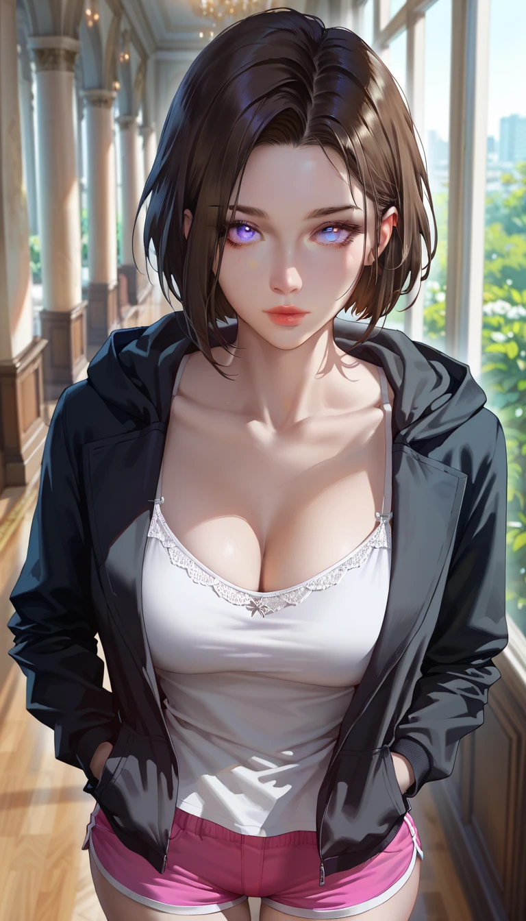 (masterpiece, best_quality:1.2), 1girl, solo, short hair, black hair, brown hair, blue eyes, purple eyes, (forehead:0.8), (hoodie jacket, black jacket, long sleeves, white camisole, pink shorts, short shorts, dophin shorts), beautiful eyes, female focus, looking at viewer, large breast, cleavage, wide hips, ((above view)) ((close up shot)) ((solo)) detailed, very high resolution, no blurry image, standing, beautiful, elegant, serene expression, intricate details, detailed background, indoors:1.3