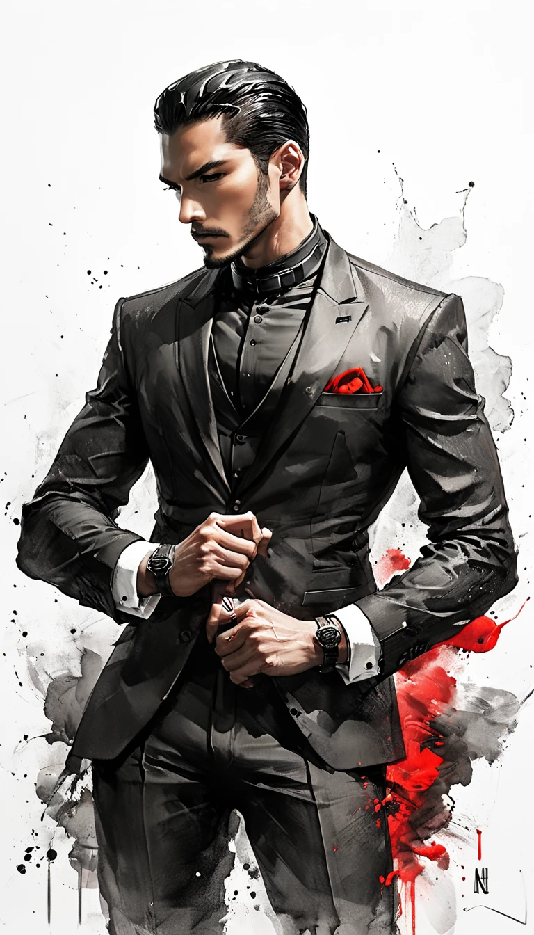 Neo-noir futuristic art style, dynamic center view, waist-up view, semi-realistic anime-style man. Stand straight, adjusting the cuff at the wrist, firm and composed posture. Black hair neatly slicked-back, parted left, with slight volume on top. Warm brown skin, sharp, almond-shaped dark brown eyes, focused and intense, looking directly at the viewer, serious, no-nonsense expression. Thick straight eyebrows, straight nose, well-defined jawline, neutral thin lips. Wearing a modern black suit with a plain black collar and distinct ((red)) accents on the lapels and cuffs. The inner vest subtly incorporates traditional Javanese batik motifs, black and red. enhancing the powerful, commanding presence. Dramatic lighting highlights his posture, serious expression, and red accents in the outfit, commanding, no-compromise attitude. clean white background with dynamic black and red ink spots, artistic drawing strokes resembling Rotring 0.5mm pen, precise and perfect linework, ultra-quality, sharp focus.