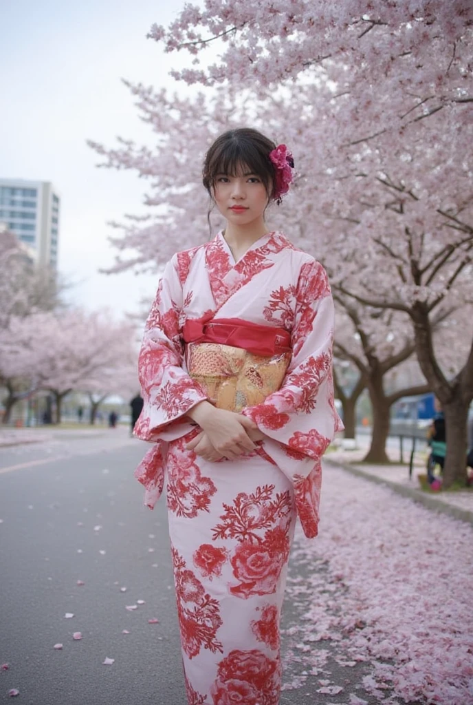 Contemporary Art, artwork, The theme is  "Petal rain",  Various petals falling like rain , Snow-covered city, Japanese woman wearing a Japanese yukata ,  Petals falling on a woman ,  beautiful composition , fantasy,  The color of the kimono and flower petals is particularly bright in the snow-white city, Sophisticated design ,  Advanced Lighting Technology ,  Real shot in 8K quality 