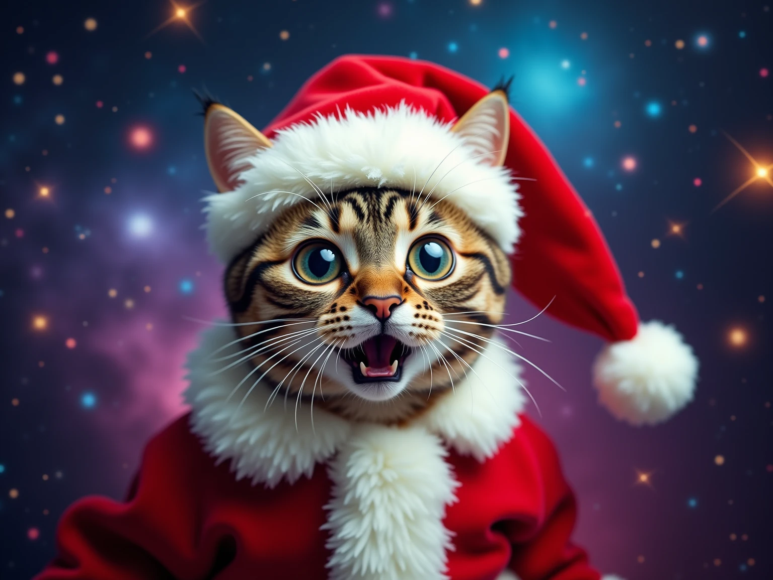 A surprised cat dressed as Santa Claus, set against a cosmic galaxy background, featuring vibrant stars and nebulae. The cat has wide eyes and an expressive face, capturing the essence of a humorous meme. The scene is colorful and whimsical, emphasizing the playful nature of the cat.