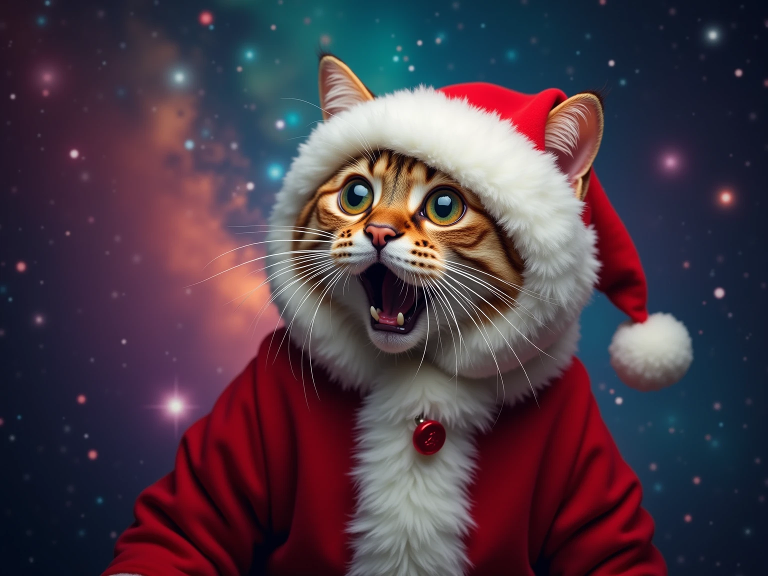 A surprised cat dressed as Santa Claus, set against a cosmic galaxy background, featuring vibrant stars and nebulae. The cat has wide eyes and an expressive face, capturing the essence of a humorous meme. The scene is colorful and whimsical, emphasizing the playful nature of the cat.