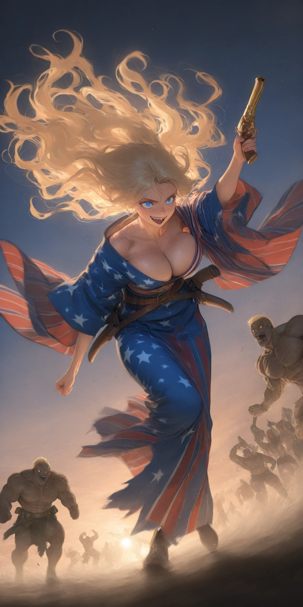 1girl\(american,blonde,Freckles,(Muscular), blue eyes,big breast,wearing beautiful yukata\(american flag\(Stars and stripes\) design\),holding 2guns,shooting guns,wearing Grenades, gun belts, wavy hair, long hair, floating hair, scar on face,smile, sharp teeth, tongue, Tequila Bottle,dynamic action, dynamic angle,\) at (kyoto), so (many zombie), apocalips, dooms day,red black sun. BREAK .quality\(8k,wallpaper of extremely detailed CG unit, high resolution, top-quality, top-quality real texture skin, hyper realistic, increase the resolution, RAW photos, best quality, highly detailed, the wallpaper, golden ratio, high saturation realism, vibrant colors, dramatic lighting, persuasive storytelling, atmospheric scenery, captivating visuals, intricate details, strong emotions, dreamlike world\),dynamic angle,dutch angle,