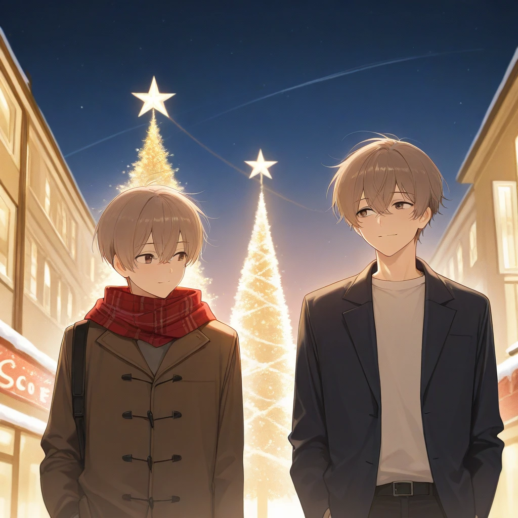 1 guy,  light brown hair ,  Christmas atmosphere 