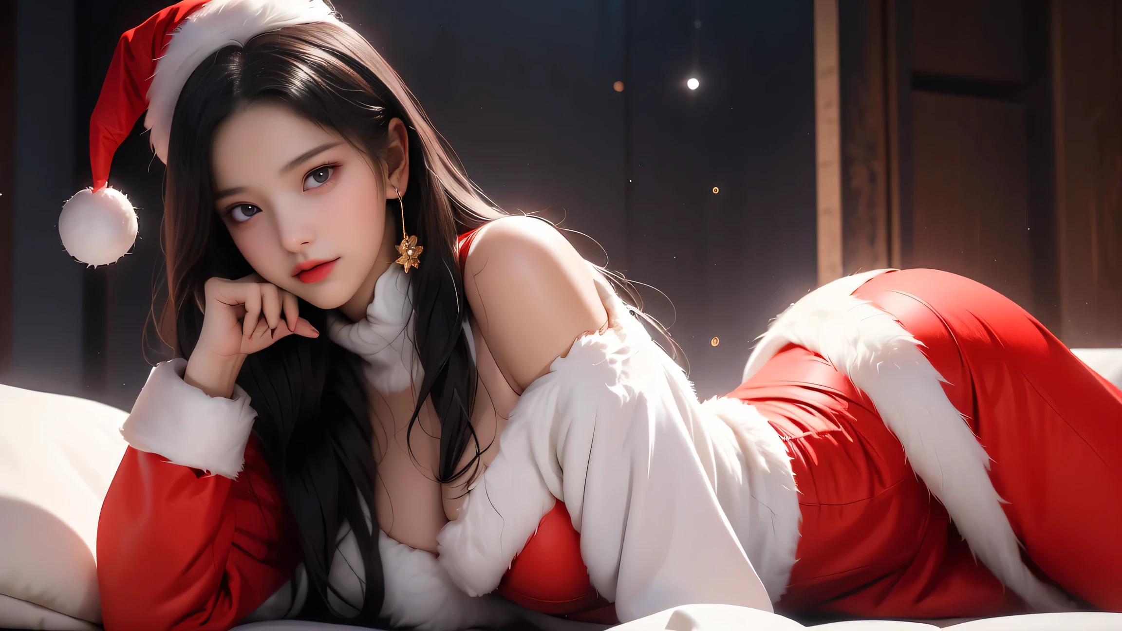 ((girl lying on stage)),( best quality))、(( excellent quality、8k、tmasterpiece:1.5))、The genitals are clear:1.2、 Perfect Body Beauty:1。4) wet skin、smile、Film texture、 photorealistic、 high image quality、1 person、Single、 High Hips 、 apparently 、(Thin face)、Gray Hair、 long hair on background、4K、Ultra HD、masterpiece、1 personの女の子、 serious face、 detailed eyes on board、 very long hair、(( smiling girl waving))、Look to the side、 beautiful face、 beautiful eyes、(big) blue eyes)、(Dull silver hair)、 shiny hair、 pubic skin、Reduce glare、Finger ratio adjustment、Escrow、Bat View、(dance)、 dynamic angle 、( MASTER PARTS )、(最 high image quality)、( Ultra-fine)( Ultra-fine)、( illustrations)、(detail light)、( very delicate and beautiful)、Dramatic Shadows、 ray tracing、reflection、超 high definition 、( MASTER PARTS )、( high image quality) high definition 、( MASTER PARTS )、(最 high image quality)、(Ultra HD)、 high definition 、( Colorful Hair and Mesh ))、 Hair Fluttering in the Wind 。 Hair Fluttering in the Wind 、(Big deep blue eyes)、( Sleeveless)、( skirt fluttering in the wind )、( searchlight )((Furby、Laser beam))、( full body shot )、( long legs )、( high heels)、、 Wakino 、 raises arms、proton 、 Wakino 、Show the side、 Sleeveless、Show your upper arm、Upper arms、 raises arms、( Girl Lying Behind Me 、Milky Way Galaxy)((masterpiece、 top quality 、 high definition 、 High Definition CG Unified 8K Wallpaper ))、 very hot and sexy 、Incredible beauty、 Perfect Proportions 、 beautiful body 、 Slim Body Beauty :1.3)、( dynamic pose、 dynamic composition )、 Christmas、 Santa Claus、 Woman in Santa Claus costume 、 girl lying in bed and staring at viewers 、 White Fur Trim 、 Long Sleeve 、thick black belt 、Gold Buckle、Black leather boots、 Santa Claus hat、 smiles shyly、( beautiful hands、Correct finger、Four fingers、One thumb)、