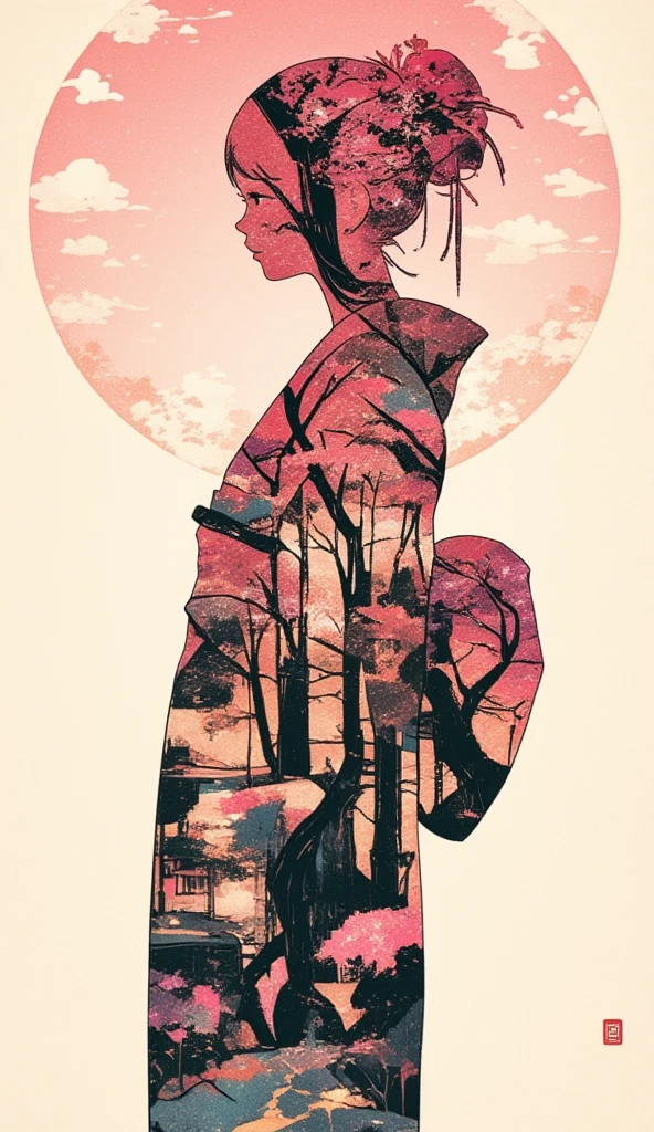 A collage art of women in yukata. The backdrop of a scenic sakura forest in Japan inside the woman's silhouette. Background of japanese sakura design patterns.