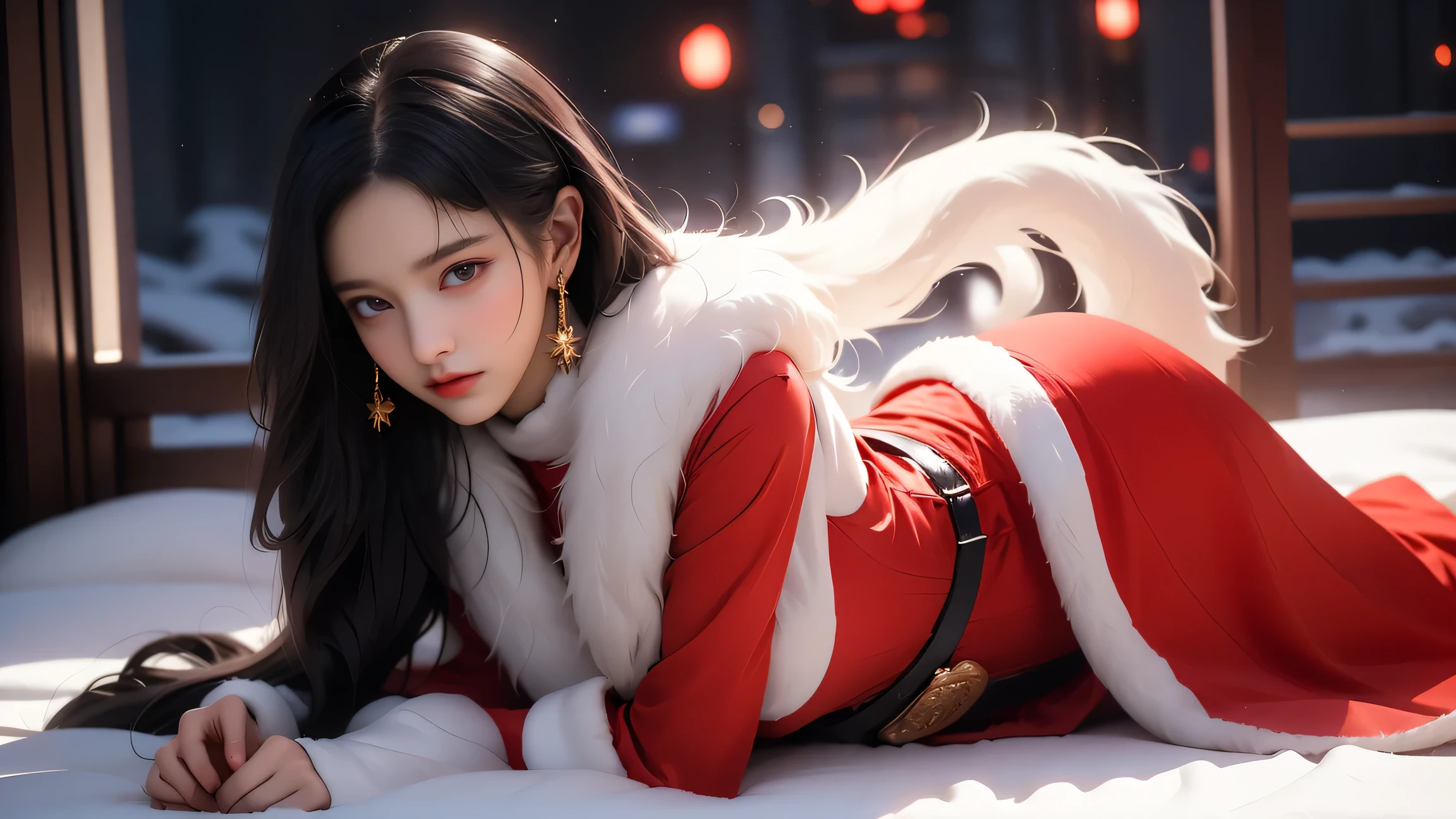 ((girl lying on stage)),( best quality))、(( excellent quality、8k、tmasterpiece:1.5))、The genitals are clear:1.2、 Perfect Body Beauty:1。4) wet skin、smile、Film texture、 photorealistic、 high image quality、1 person、Single、 High Hips 、 apparently 、(Thin face)、Gray Hair、 long hair on background、4K、Ultra HD、masterpiece、1 personの女の子、 serious face、 detailed eyes on board、 very long hair、(( smiling girl waving))、Look to the side、 beautiful face、 beautiful eyes、(big) blue eyes)、(Dull silver hair)、 shiny hair、 pubic skin、Reduce glare、Finger ratio adjustment、Escrow、Bat View、(dance)、 dynamic angle 、( MASTER PARTS )、(最 high image quality)、( Ultra-fine)( Ultra-fine)、( illustrations)、(detail light)、( very delicate and beautiful)、Dramatic Shadows、 ray tracing、reflection、超 high definition 、( MASTER PARTS )、( high image quality) high definition 、( MASTER PARTS )、(最 high image quality)、(Ultra HD)、 high definition 、( Colorful Hair and Mesh ))、 Hair Fluttering in the Wind 。 Hair Fluttering in the Wind 、(Big deep blue eyes)、( Sleeveless)、( skirt fluttering in the wind )、( searchlight )((Furby、Laser beam))、( full body shot )、( long legs )、( high heels)、、 Wakino 、 raises arms、proton 、 Wakino 、Show the side、 Sleeveless、Show your upper arm、Upper arms、 raises arms、( Girl Lying Behind Me 、Milky Way Galaxy)((masterpiece、 top quality 、 high definition 、 High Definition CG Unified 8K Wallpaper ))、 very hot and sexy 、Incredible beauty、 Perfect Proportions 、 beautiful body 、  Slim Body Beauty :1.3)、( dynamic pose、 dynamic composition )、 Christmas、 Santa Claus、 Woman in Santa Claus costume 、 girl lying in bed and staring at viewers 、 White Fur Trim 、 Long Sleeve 、thick black belt 、Gold Buckle、Black leather boots、 Santa Claus hat、 smiles shyly、( beautiful hands、Correct finger、Four fingers、One thumb)、