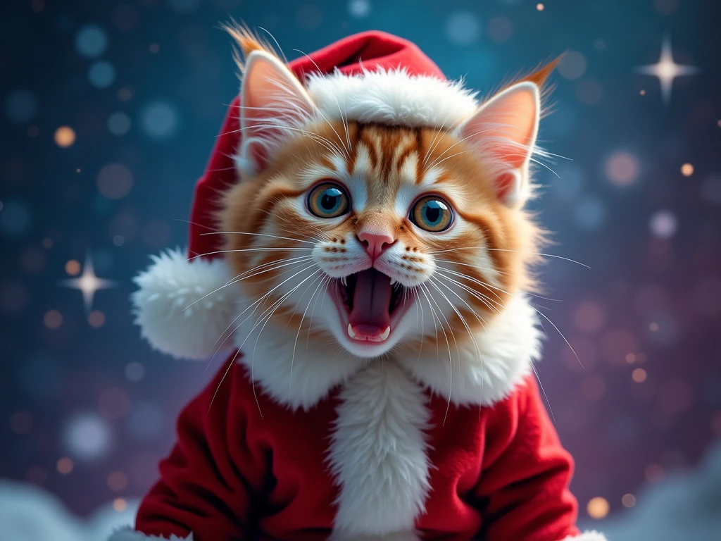 A surprised cat dressed as Santa Claus, set against a cosmic galaxy background, featuring vibrant stars and nebulae. The cat has wide eyes and an expressive face, capturing the essence of a humorous meme. The scene is colorful and whimsical, emphasizing the playful nature of the cat.