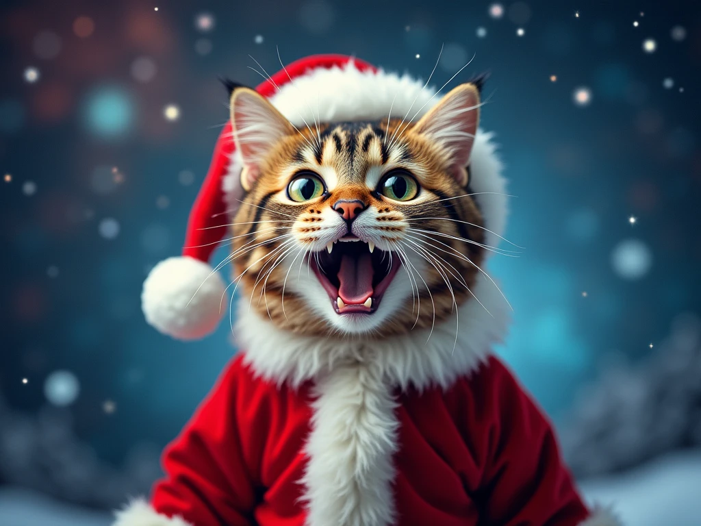 A surprised cat dressed as Santa Claus, set against a cosmic galaxy background, featuring vibrant stars and nebulae. The cat has wide eyes and an expressive face, capturing the essence of a humorous meme. The scene is colorful and whimsical, emphasizing the playful nature of the cat.