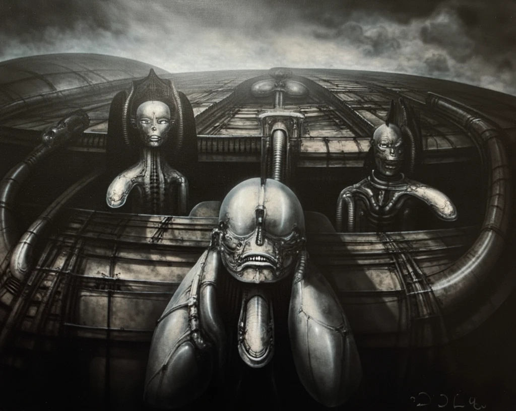 In a shadowy, surreal landscape reminiscent of H.R. Giger's most provocative works, an intricate labyrinth of incomprehensible industrial alien technology unfolds before the viewer's eyes. The image depicts a surreal scene featuring humanoid figures with elongated necks and skeletal features. They are positioned in an ornate, possibly robotic or futuristic setting, creating a eerie and unsettling atmosphere. By Giger 