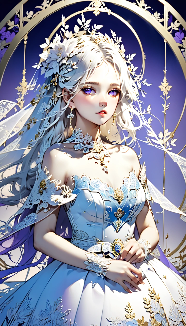 Wedding costumes。 A Bride as Beautiful as Silverwork。 Stately and Prestige Pure White Wedding Dress 。 Delicate and Exquisite Openwork Patterns and Lace 。Pearl and Gold Ornaments 。 Blue Gradation from Light Blonde to Hair。 Purple Eyes Seen Through Maria Vale 。