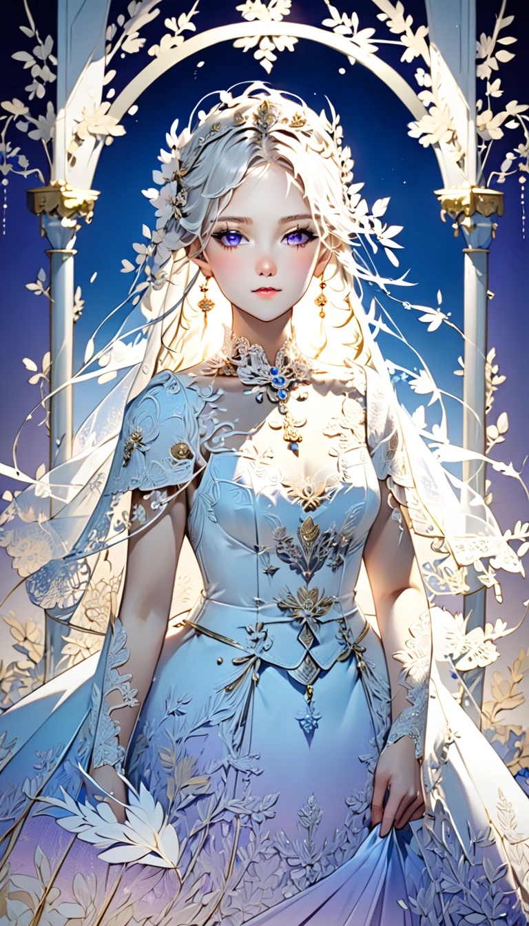 Wedding costumes。 A Bride as Beautiful as Silverwork。 Stately and Prestige Pure White Wedding Dress 。 Delicate and Exquisite Openwork Patterns and Lace 。Pearl and Gold Ornaments 。 Blue Gradation from Light Blonde to Hair。 Purple Eyes Seen Through Maria Vale 。