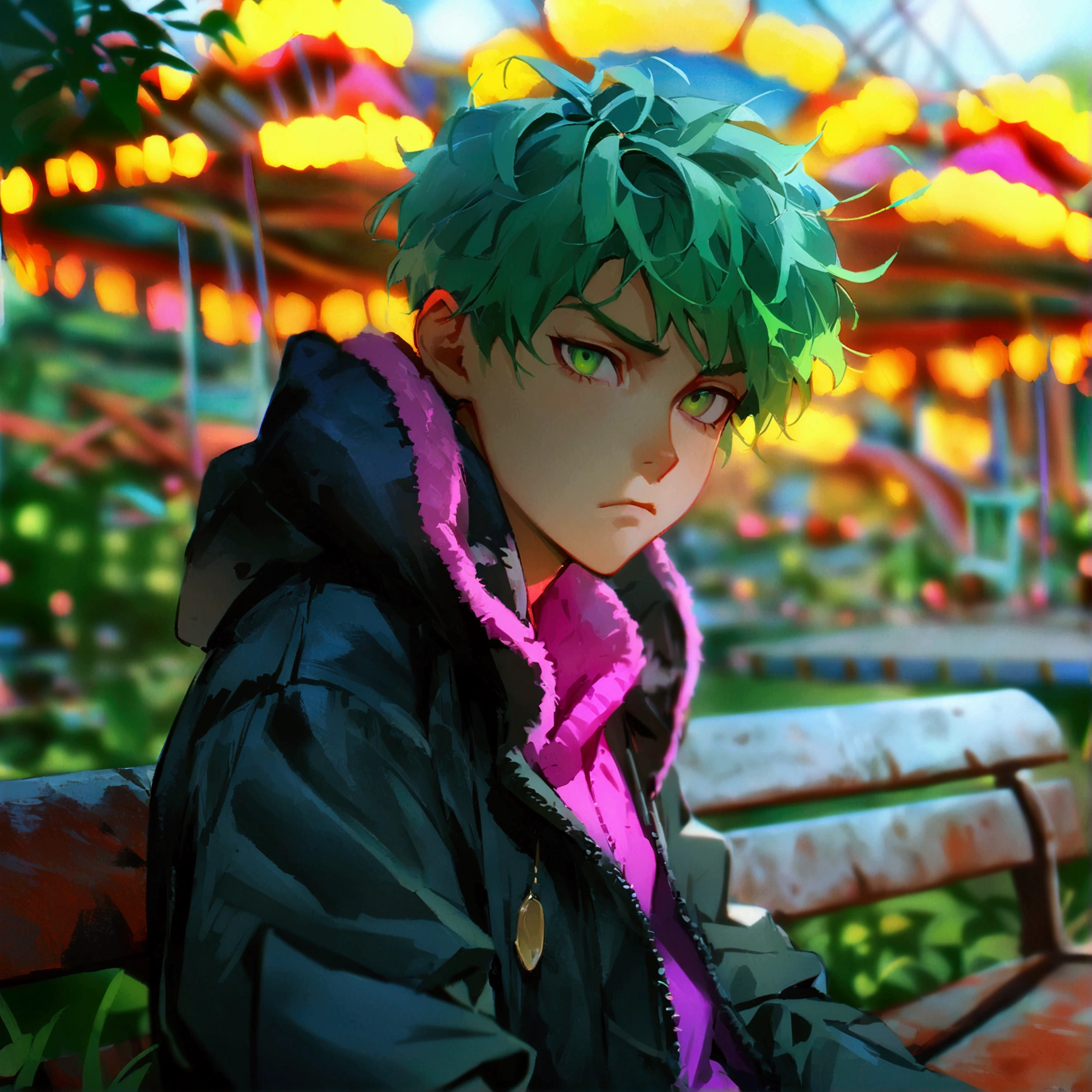 1 male, sitting on iron bench, dark abandoned amusement park background, High Resolution, Award Winning, Simple background, Depth Of Field, Futurism, Best Quality, UHD, Frown, green hair, cerise eyes, slender, messy hair, young adult, Masterpiece, Anime Style, Futurism, 