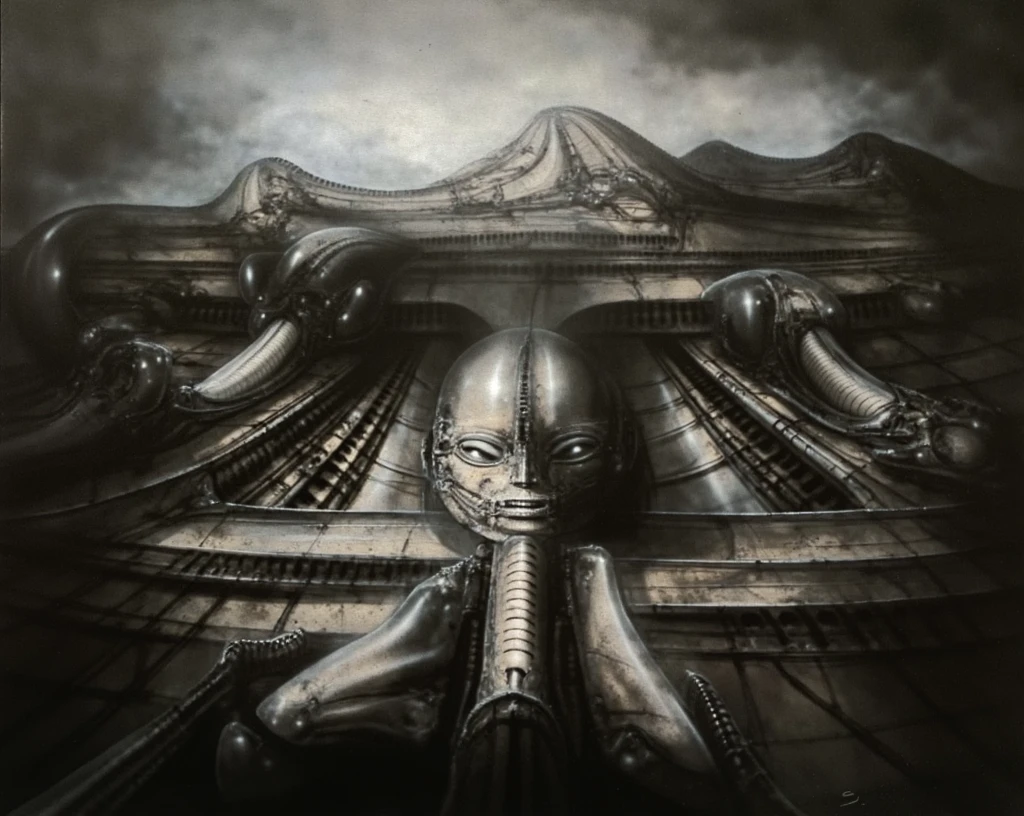 In a shadowy, surreal landscape reminiscent of H.R. Giger's most provocative works, an intricate labyrinth of incomprehensible industrial alien technology unfolds before the viewer's eyes. The image depicts a surreal scene featuring humanoid figures with elongated necks and skeletal features. They are positioned in an ornate, possibly robotic or futuristic setting, creating a eerie and unsettling atmosphere. By Giger 