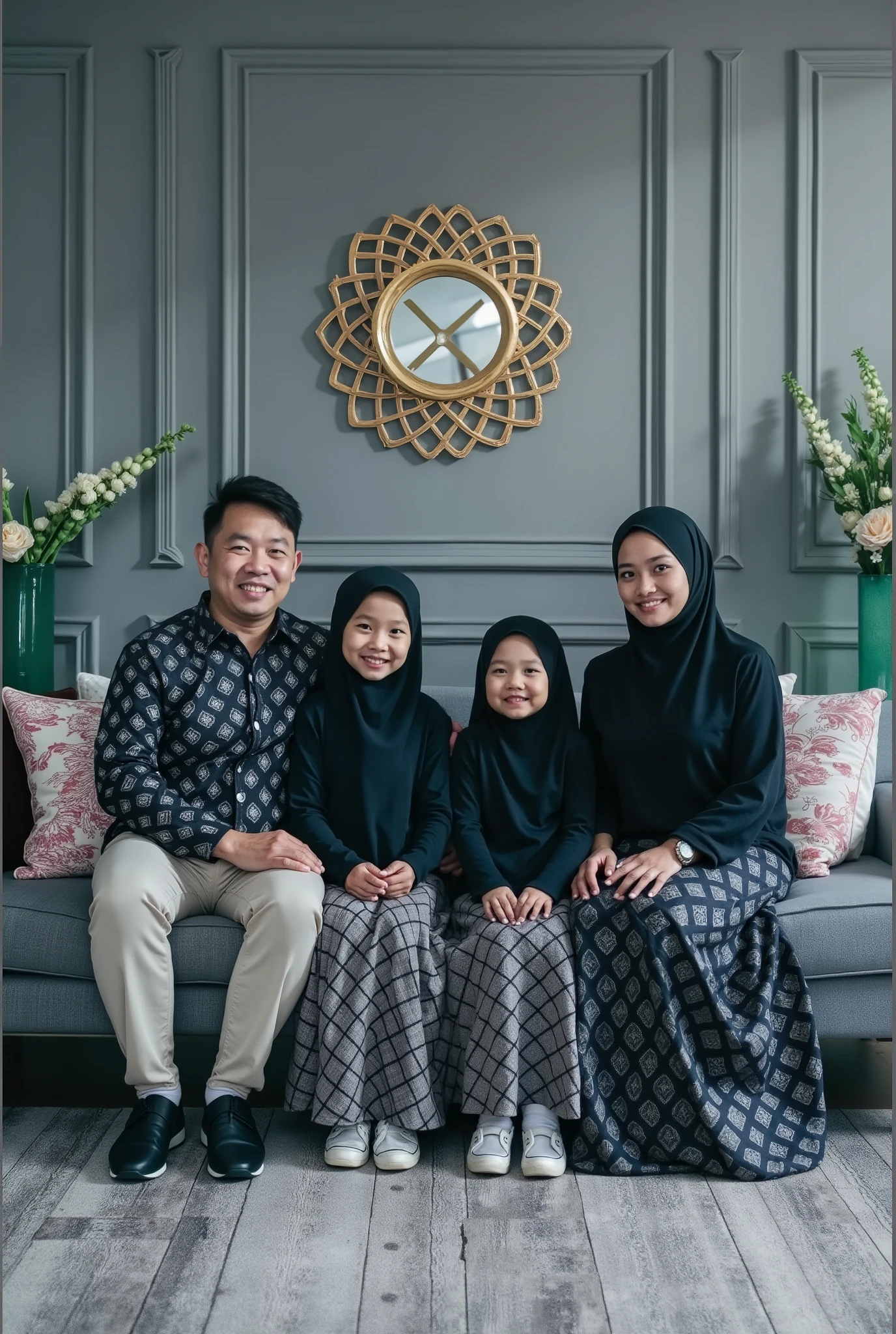 there are three people sitting on a couch with a baby, an indonesian family portrait, home photography portrait, happy family, family portrait, full protrait, family photography, barong family, by Basuki Abdullah, portraiture, portrait shot, color studio portrait, potrait, inspired by Basuki Abdullah, realism art, realistic portrait photo, highly detailed photo portrait