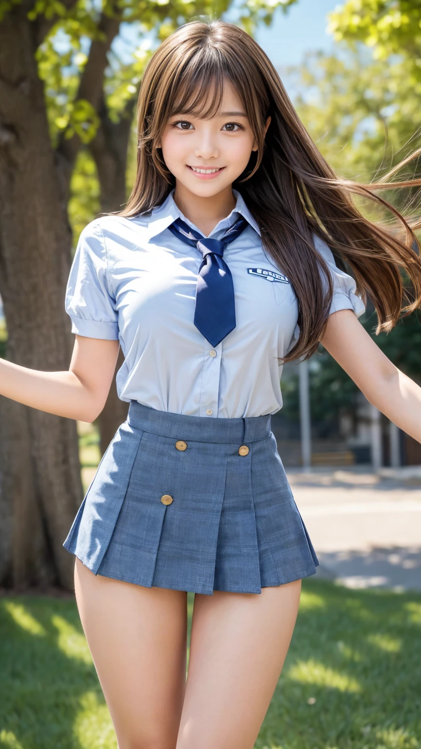 ((top-quality、in 8K、photographrealistic:1.4、masterpiece))、Back lighting、highly detailed facial textures women、18year old、(((School Uniform 1.2)))、((Full body photo、)、super-detaild skin、beautiful make up、A detailed eye、A smile、open open mouth、Glossy brown messy short hairstyle、