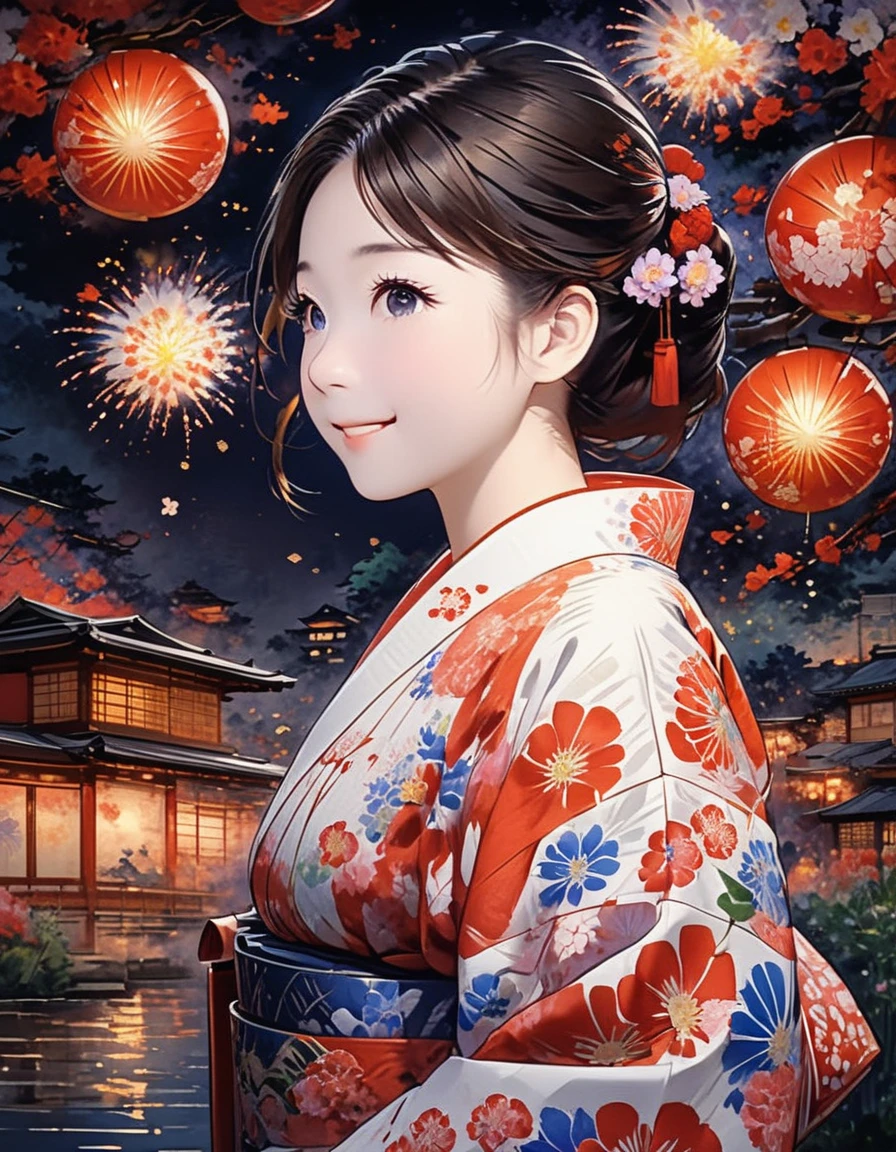 The theme is "Japanese Yukata", a girl wearing a yukata with red gourds painted on white fabric is watching fireworks, cute girl, smiling, the soft light of the fireworks illuminates the girl's face, the texture of the yukata is detailed, large fireworks are launched into the night sky in the background, a close-up of the girl's expression in a side view, animation, work of art, 8K quality