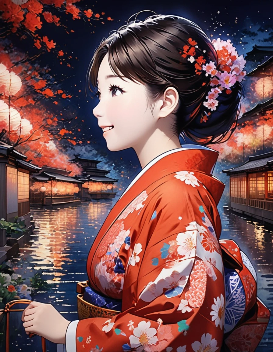 The theme is "Japanese Yukata", a girl wearing a yukata with red gourds painted on white fabric is watching fireworks, cute girl, smiling, the soft light of the fireworks illuminates the girl's face, the texture of the yukata is detailed, large fireworks are launched into the night sky in the background, a close-up of the girl's expression in a side view, animation, work of art, 8K quality