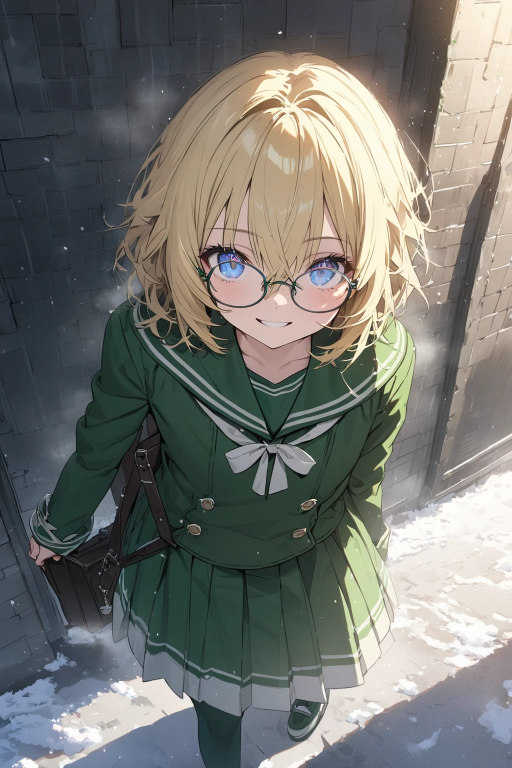 masterpiece, best quality, high quality, anime, solo,  <lora:AEFuuillx:1>
AEFuuDef, green eyes, curly hair, parted bangs, short hair, glasses, rimless eyewear, round eyewear, red hairband, school uniform, green jacket, blazer, long sleeves, collared shirt, white shirt, red bowtie, green skirt, miniskirt, pleated skirt, 
standing, smile, portrait, wind, green wind, v arms, green background, gradient background, aqua background, leaning to the side, magic, light particles,