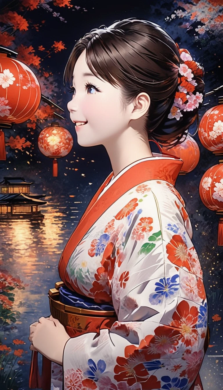 The theme is "Japanese Yukata", a girl wearing a yukata with red gourds painted on white fabric is watching fireworks, cute girl, smiling, the soft light of the fireworks illuminates the girl's face, the texture of the yukata is detailed, large fireworks are launched into the night sky in the background, a close-up of the girl's expression in a side view, animation, work of art, 8K quality