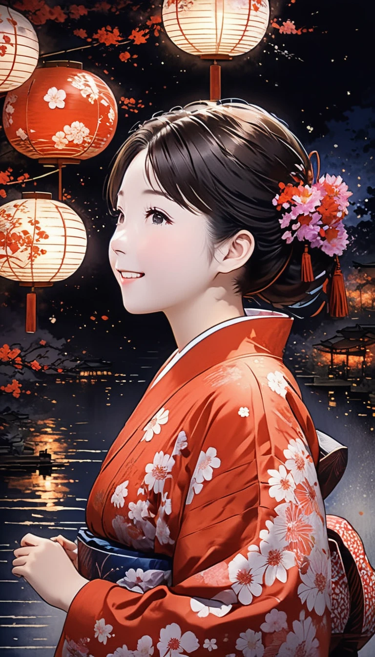 The theme is "Japanese Yukata", a girl wearing a yukata with red gourds painted on white fabric is watching fireworks, cute girl, smiling, the soft light of the fireworks illuminates the girl's face, the texture of the yukata is detailed, large fireworks are launched into the night sky in the background, a close-up of the girl's expression in a side view, animation, work of art, 8K quality