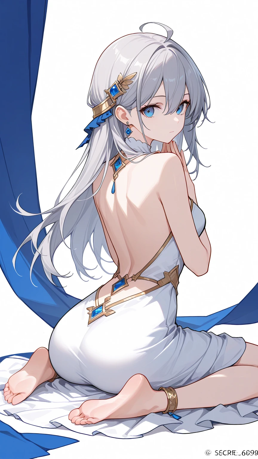 1girl,dress,solo,long hair,jewelry,white dress,blue eyes,sitting,earrings,ass,barefoot,hair ornament,bare shoulders,soles,hair between eyes,backless outfit,ahoge,bangs,own hands together,backless dress,feet,looking back,looking at viewer,breasts,back,from behind,closed mouth,artist name,full body,grey hair,anklet,sleeveless dress,Simple Flat Coloring,sketch,line,simple background,white background,