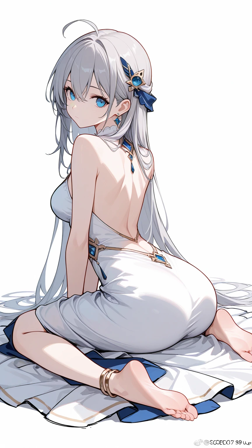 1girl,dress,solo,long hair,jewelry,white dress,blue eyes,sitting,earrings,ass,barefoot,hair ornament,bare shoulders,soles,hair between eyes,backless outfit,ahoge,bangs,own hands together,backless dress,feet,looking back,looking at viewer,breasts,back,from behind,closed mouth,artist name,full body,grey hair,anklet,sleeveless dress,Simple Flat Coloring,sketch,line,simple background,white background,