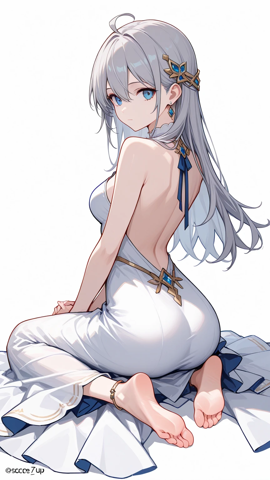 1girl,dress,solo,long hair,jewelry,white dress,blue eyes,sitting,earrings,ass,barefoot,hair ornament,bare shoulders,soles,hair between eyes,backless outfit,ahoge,bangs,own hands together,backless dress,feet,looking back,looking at viewer,breasts,back,from behind,closed mouth,artist name,full body,grey hair,anklet,sleeveless dress,Simple Flat Coloring,sketch,line,simple background,white background,