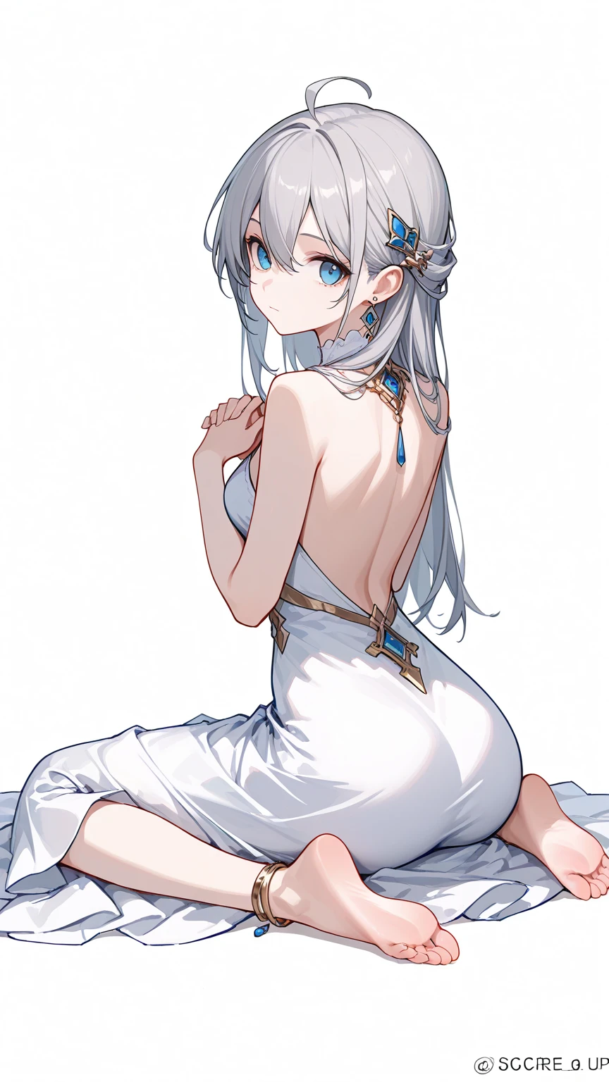 1girl,dress,solo,long hair,jewelry,white dress,blue eyes,sitting,earrings,ass,barefoot,hair ornament,bare shoulders,soles,hair between eyes,backless outfit,ahoge,bangs,own hands together,backless dress,feet,looking back,looking at viewer,breasts,back,from behind,closed mouth,artist name,full body,grey hair,anklet,sleeveless dress,Simple Flat Coloring,sketch,line,simple background,white background,