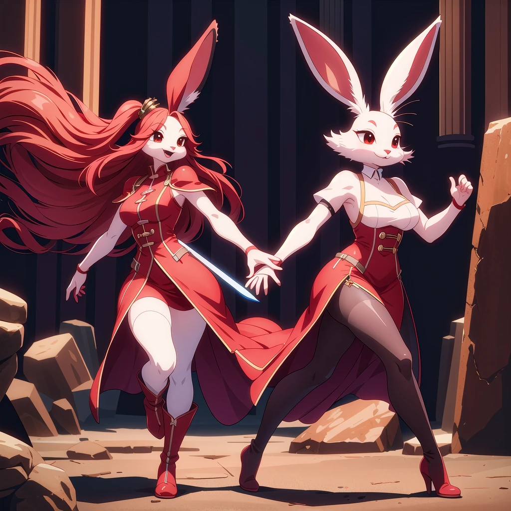 bunny, female, short, Anthropomorphic, brown and white fur, tall reddish bunny ears, long red hair, flowing black dress, long skirt, large boots, fullbody, large sword, dynamic pose, leather overcoat, shoulder armor, masterpiece,
