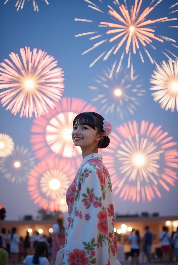 JGPR, 1girl, updo hairstyle, yukata, Fireworks on a summer's day,