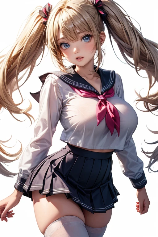 (cowboy shot: 1.5), (white background, simple background: 1.5), (masterpiece:1.5), (big breasts), 1 girl, young woman, (Beautiful Girl:1.5), (extremely detailed and delicate anime face and eyes:1.5), whole body, (natural light, HDR, extremely details CG:1.3), (dynamic posture:1.3), {correct body anatomy}, (wide hips:1.4), (perfect hands:1.3), single focus, toned body, Beautiful Lips, thick lips, {surreal}, {correct posture}, {minutes details}, {detailed body}, {detailed clothing}, {Bright Eyes}, (cleavage: 1.3), {accessories}, {sexy}, {solo}, , sailor suits, (school sailor suit: 1.5), white sailor uniform, (sailor fuku: 1.3), zettai ryoiki, (navy blue pleated skirt: 1.3), light brown skirt, (light brown shirt: 1.5), (light brown long sleeves: 1.3), (navy blue sailor collar: 1.3), serafuku, (white thighhighs: 1.5), white socks, ribbon, (red neckerchief: 1.3), red sailor tie, bracelets, white choker, dark brown loafers, earrings, (hair ribbon: 1.3), necklace, (light smile: 1.3), long hair, (two-tone hair: 1.5), (blonde hair with pink and orange streaks: 1.5), (long twintails: 1.5), (nape hair: 1.5), (sidelocks: 1.3), (aquamarine eyes: 1.3),
