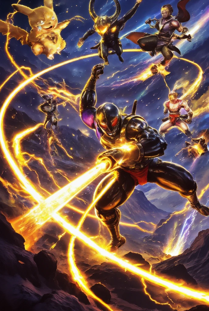 Mewtwo at hyperspeed, accompanied by Pikachu, Goku, Freeza, and Aang, portrayed as detailed fantasy characters. The scene is in 4 resolution, highly detailed with lighting, vibrant colors, composition, epic scale, dramatic lighting, and photorealistic quality, resulting in a masterpiece.