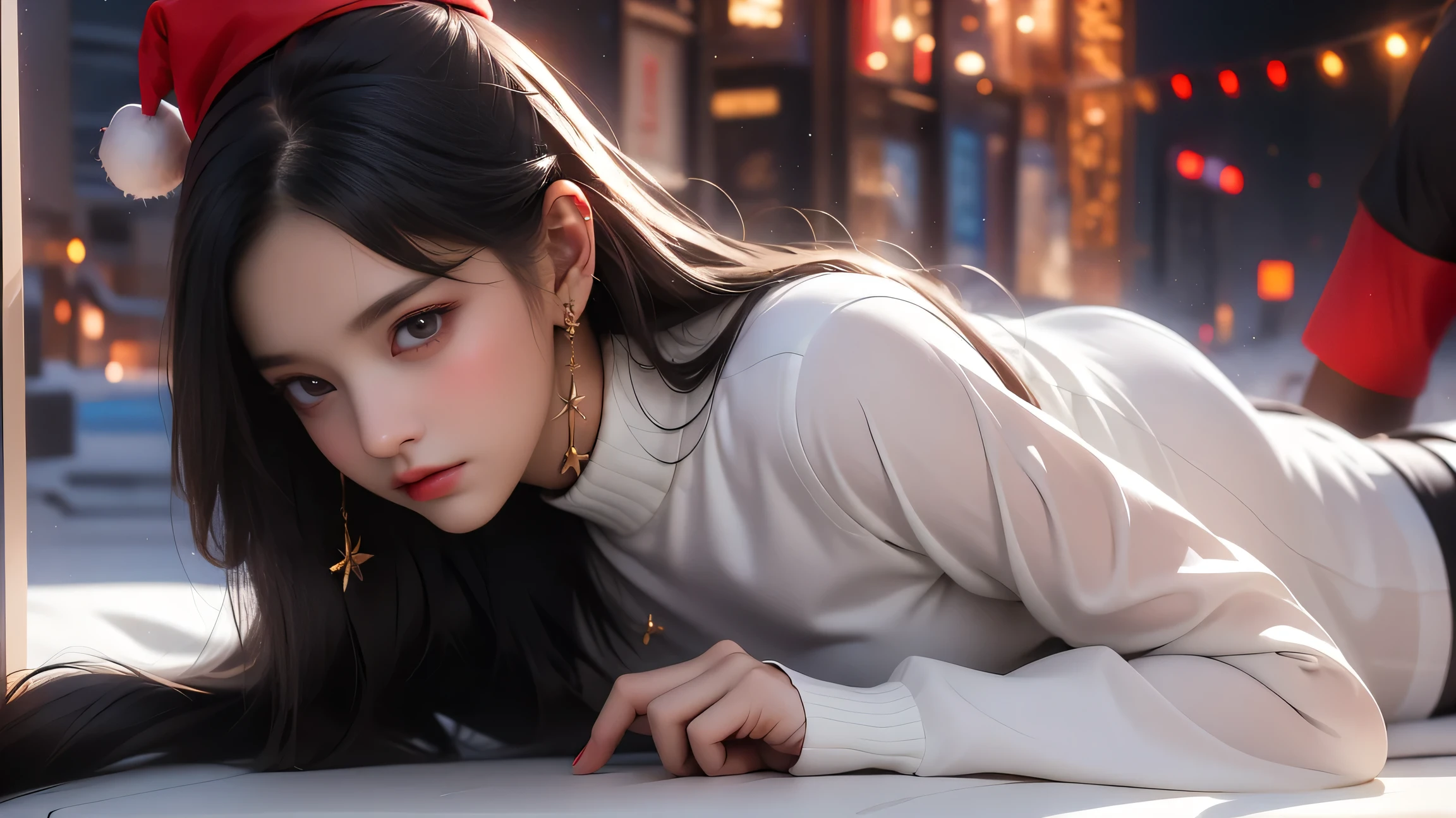 ((girl lying on stage)),( best quality))、(( excellent quality、8k、tmasterpiece:1.5))、The genitals are clear:1.2、 Perfect Body Beauty:1。4) wet skin、smile、Film texture、 photorealistic、 high image quality、1 person、Single、 High Hips 、 apparently 、(Thin face)、Gray Hair、 long hair on background、4K、Ultra HD、masterpiece、1 personの女の子、 serious face、 detailed eyes on board、 very long hair、(( smiling girl waving))、Look to the side、 beautiful face、 beautiful eyes、(big) blue eyes)、(Dull silver hair)、 shiny hair、 pubic skin、Reduce glare、Finger ratio adjustment、Escrow、Bat View、(dance)、 dynamic angle 、( MASTER PARTS )、(最 high image quality)、( Ultra-fine)( Ultra-fine)、( illustrations)、(detail light)、( very delicate and beautiful)、Dramatic Shadows、 ray tracing、reflection、超 high definition 、( MASTER PARTS )、( high image quality) high definition 、( MASTER PARTS )、(最 high image quality)、(Ultra HD)、 high definition 、( Colorful Hair and Mesh ))、 Hair Fluttering in the Wind 。 Hair Fluttering in the Wind 、(Big deep blue eyes)、( Sleeveless)、( skirt fluttering in the wind )、( searchlight )((Furby、Laser beam))、( full body shot )、( long legs )、( high heels)、、 Wakino 、 raises arms、proton 、 Wakino 、Show the side、 Sleeveless、Show your upper arm、Upper arms、 raises arms、( Girl Lying Behind Me 、Milky Way Galaxy)((masterpiece、 top quality 、 high definition 、 High Definition CG Unified 8K Wallpaper ))、 very hot and sexy 、Incredible beauty、 Perfect Proportions 、 beautiful body 、 Slim Body Beauty :1.3)、( dynamic pose、 dynamic composition )、 Christmas、 Santa Claus、 Woman in Santa Claus costume 、 girl lying in bed and staring at viewers 、 White Fur Trim 、 Long Sleeve 、thick black belt 、Gold Buckle、Black leather boots、 Santa Claus hat、 smiles shyly、( beautiful hands、Correct finger、Four fingers、One thumb)、