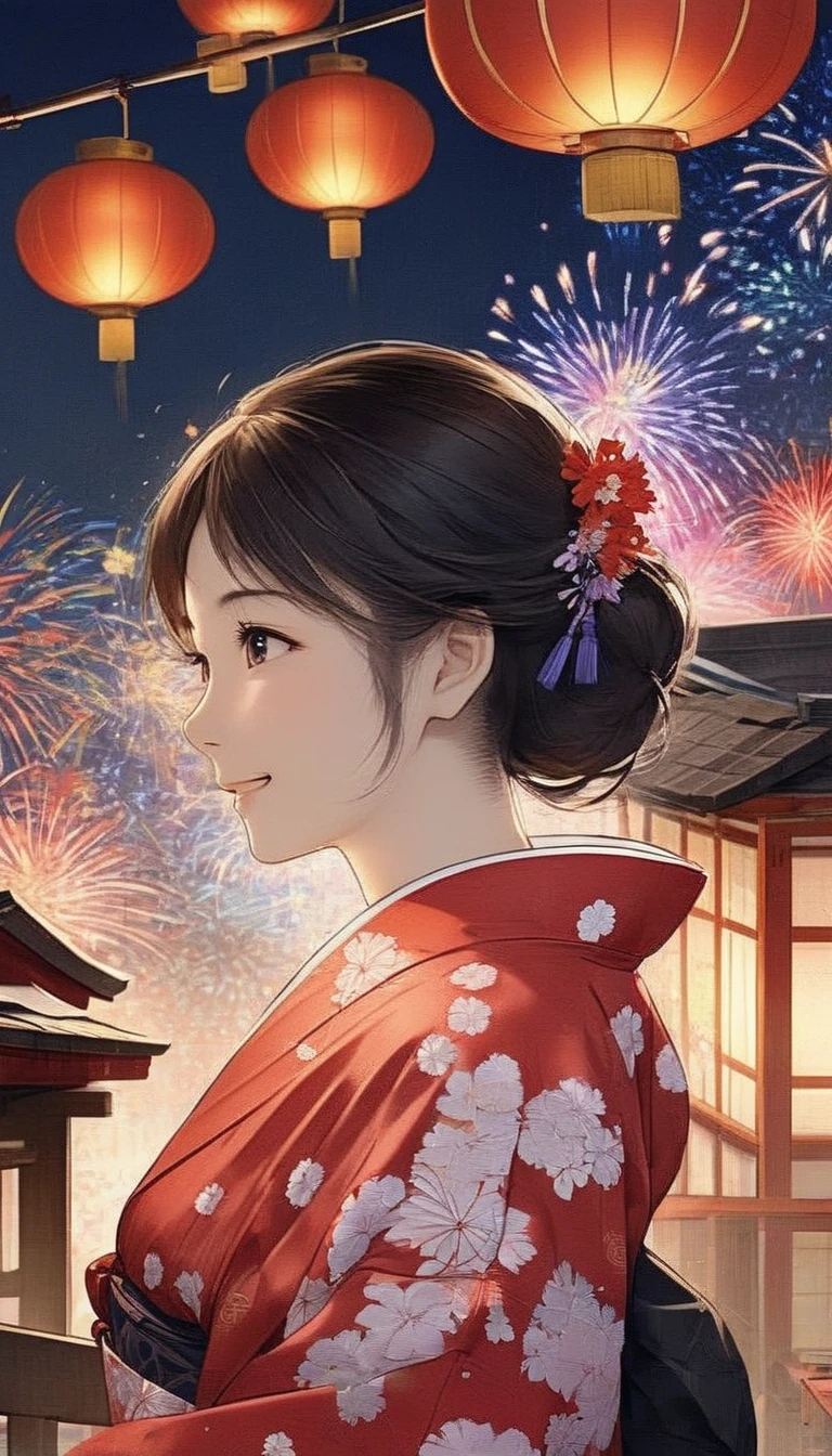 The theme is "Japanese Yukata", a girl wearing a yukata with red gourds painted on white fabric is watching fireworks, cute girl, smiling, the soft light of the fireworks casts a shadow on the girl's face in backlight, the texture of the yukata is detailed, large fireworks are launched into the night sky in the background, a close-up of the girl's expression in a side view, animation, work of art, 8K quality