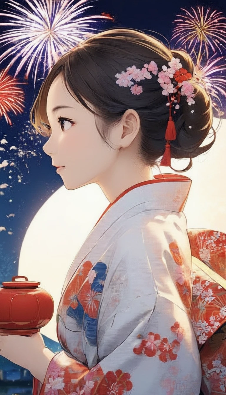 The theme is "Japanese Yukata", a girl wearing a yukata with red gourds painted on white fabric is watching fireworks, cute girl, smiling, the soft light of the fireworks casts a shadow on the girl's face in backlight, the texture of the yukata is detailed, large fireworks are launched into the night sky in the background, a close-up of the girl's expression in a side view, animation, work of art, 8K quality