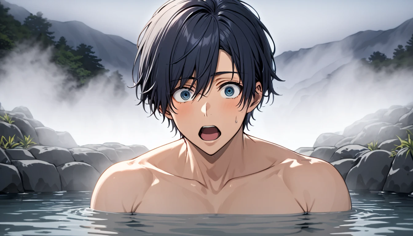  handsome young man soaking in hot springs"Asuka" , Naked upper body closeup ,  surprised expression , background:Bedrock Onsen ((Fog filter effect:1.5))