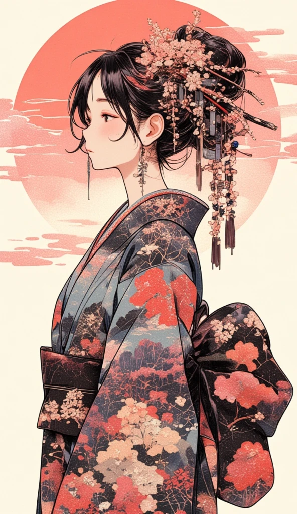 A collage art of women in yukata. The backdrop of a scenic sakura forest in Japan inside the woman's silhouette. Background of japanese sakura design patterns.