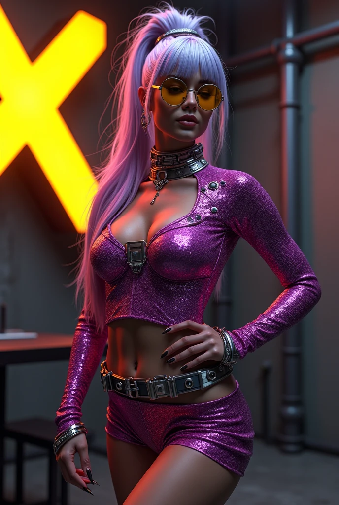 Masterpiece, girl, purple bun, graceful face, black eyes, cyberpunk headband, neon earrings, cyberpunk pink leather jacket, open shoulders, strapless top. Fity, skull graffiti, cyberpunk style white tights, concept art, , center-center, center, dynamic angle, dj controller, dj, nightclub background. Cyberpunk style music concert, 30k, exquisite clothing details, high detail, perfect lighting, cinematic lighting.