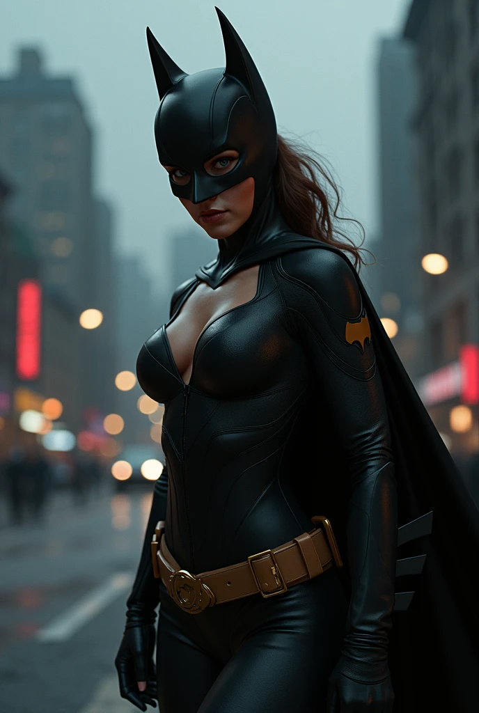 RAW, Best quality, high resolution, Masterpiece: 1.3), Beautiful Barbara Gordon as Batgirl, Masterpiece, Serene expression, Realistic, 1girl, Charming eyes, Pointed ears, Defiant pose, Detailed costume, Nylon bodysuit, Utility belt, Bat emblem, Gargoyles in the background, Rooftop scenario, Dark night, City lights reflecting, Dramatic shadows, Detailed textures, Rain effects, Volumetric lighting, Foggy ambiance, Empty rooftop, Batcar in the distance.
RAW, Best quality, high resolution, Masterpiece: 1.3), Barbara Gordon as Bat