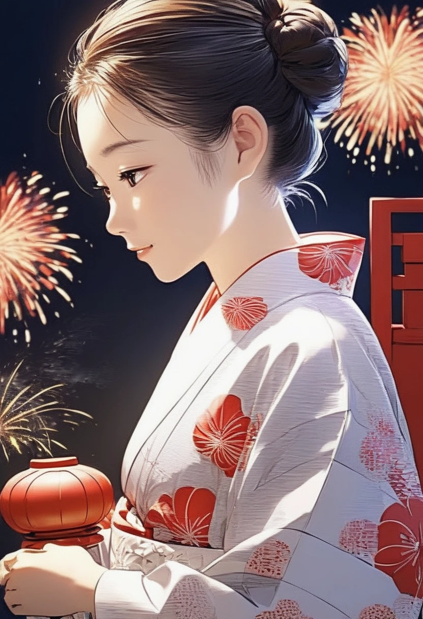 The theme is "Japanese Yukata", a girl wearing a yukata with red gourds painted on white fabric is watching fireworks, cute girl, smiling, the soft light of the fireworks casts a shadow on the girl's face in backlight, the texture of the yukata is detailed, large fireworks are launched into the night sky in the background, a close-up of the girl's expression in a side view, animation, work of art, 8K quality