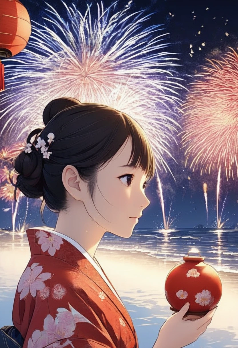 The theme is "Japanese Yukata", a girl wearing a yukata with red gourds painted on white fabric is watching fireworks, cute girl, smiling, the soft light of the fireworks casts a shadow on the girl's face in backlight, the texture of the yukata is detailed, large fireworks are launched into the night sky in the background, a close-up of the girl's expression in a side view, animation, work of art, 8K quality