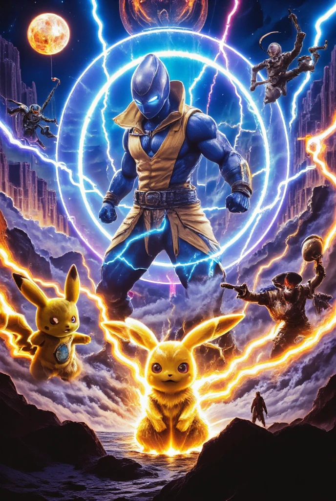 Mewtwo at hyperspeed, accompanied by Pikachu, Goku, Freeza, and Aang, portrayed as detailed fantasy characters. The scene is in 4 resolution, highly detailed with lighting, vibrant colors, composition, epic scale, dramatic lighting, and photorealistic quality, resulting in a masterpiece.