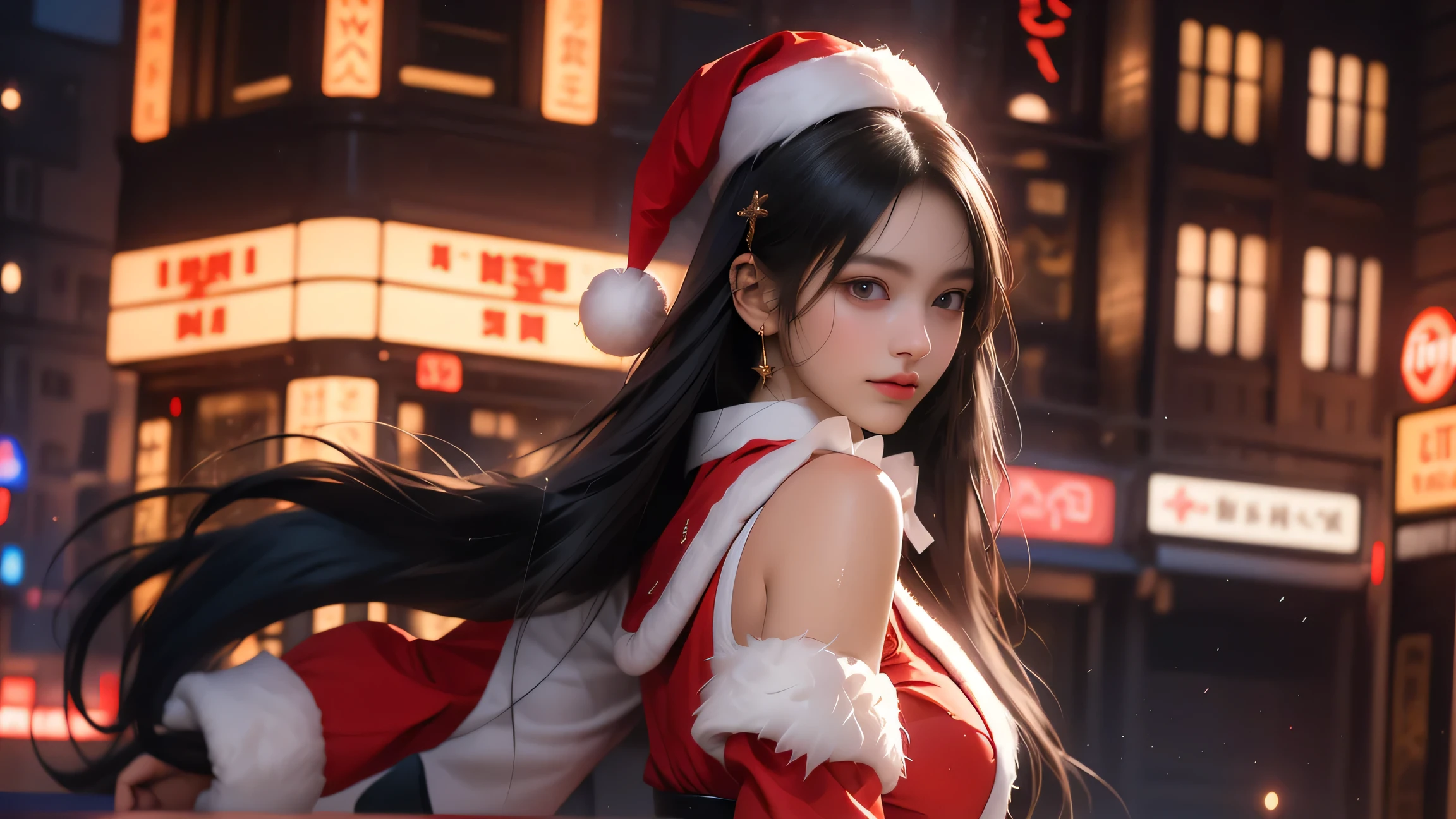 ((Girl standing on a New York street corner))、(( Illuminations)),( best quality))、(( excellent quality、8k、tmasterpiece:1.5))、The genitals are clear:1.2、 Perfect Body Beauty:1。4) wet skin、smile、Film texture、 photorealistic、 high image quality、1 person、Single、 High Hips 、 apparently 、(Thin face)、Gray Hair、 long hair on background、4K、Ultra HD、masterpiece、1 personの女の子、 serious face、 detailed eyes on board、 very long hair、(( smiling girl waving))、Look to the side、 beautiful face、 beautiful eyes、(big) blue eyes)、(Dull silver hair)、 shiny hair、 pubic skin、Reduce glare、Finger ratio adjustment、Escrow、Bat View、(dance)、 dynamic angle 、( MASTER PARTS )、(最 high image quality)、( Ultra-fine)( Ultra-fine)、( illustrations)、(detail light)、( very delicate and beautiful)、Dramatic Shadows、 ray tracing、reflection、超 high definition 、( MASTER PARTS )、( high image quality) high definition 、( MASTER PARTS )、(最 high image quality)、(Ultra HD)、 high definition 、( Colorful Hair and Mesh ))、 Hair Fluttering in the Wind 。 Hair Fluttering in the Wind 、(Big deep blue eyes)、( Sleeveless)、( skirt fluttering in the wind )、( searchlight )((Furby、Laser beam))、( full body shot )、( long legs )、( high heels)、、 Wakino  、 raises arms、proton 、 Wakino  、Show the side、 Sleeveless、Show your upper arm、Upper arms、 raises arms、( Girl Lying Behind Me 、Milky Way Galaxy)((masterpiece、 top quality 、 high definition 、 High Definition CG Unified 8K Wallpaper ))、 very hot and sexy 、Incredible beauty、 Perfect Proportions 、 beautiful body 、  Slim Body Beauty :1.3)、( dynamic pose、 dynamic composition )、 Christmas、 Santa Claus、 Woman in Santa Claus costume 、 girl lying in bed and staring at viewers 、 White Fur Trim 、 Long Sleeve 、thick black belt 、Gold Buckle、Black leather boots、 Santa Claus hat、 smiles shyly、( beautiful hands、Correct finger、Four fingers、One thumb)、