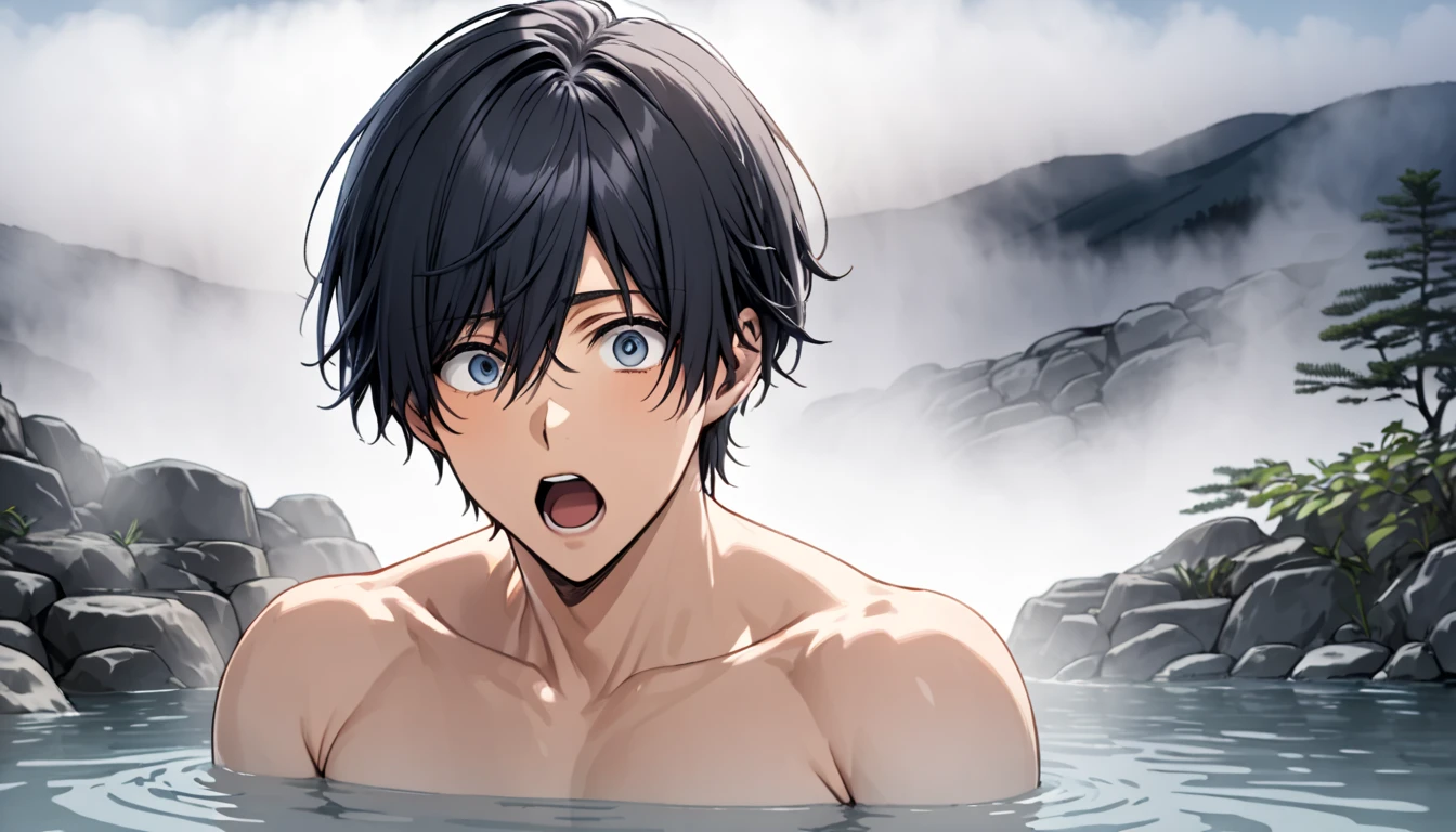  Handsome young man soaking in hot springs"Asuka" , Naked upper body closeup ,  surprised expression , background:Bedrock Onsen ((Fog filter effect:1.5)) ,Focus on a panoramic view of hot springs 