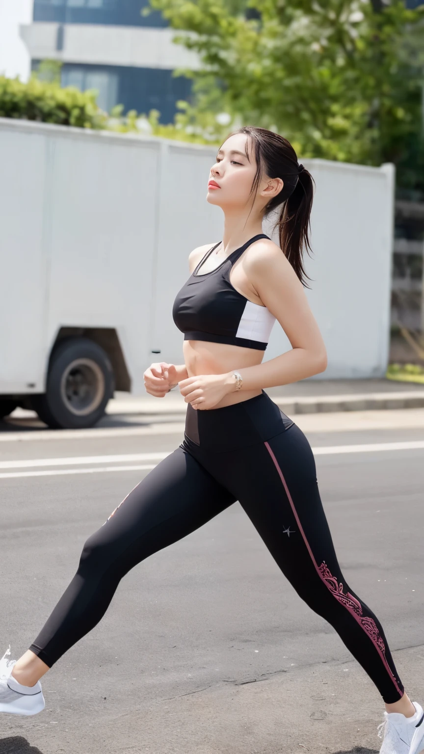 1girl, crop top, legging, abs, short hair, run, rain, run in the rain, street, details, high quality, best quality, Masterpiece